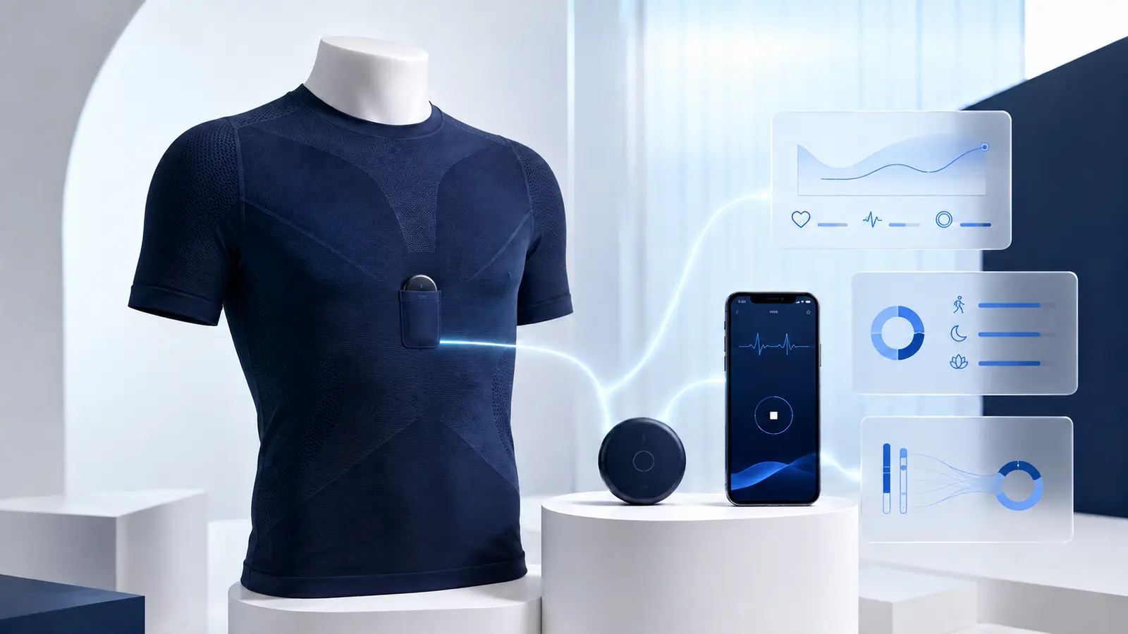Heliora ECG smart textile, compact Signal recorder, mobile access and structured data cards presented as one connected product ecosystem